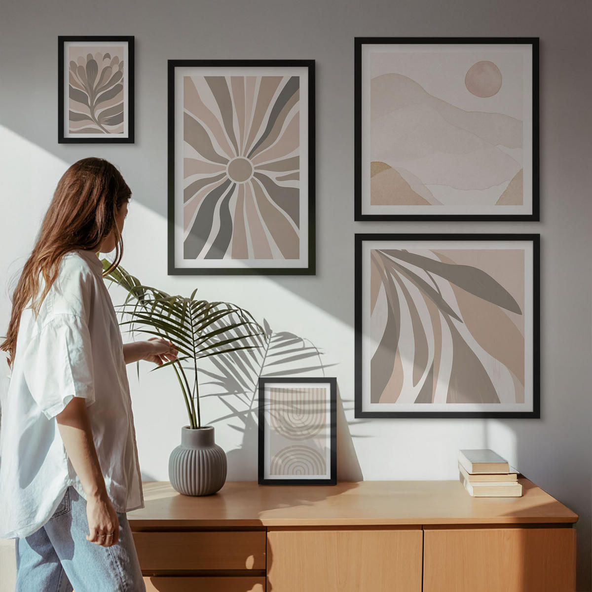 BILDER SET 5er Set - 50x50 cm & 20x30 cm & 40x60 cm Schwarzer Rahmen - Abstrakte Pflanzenmuster - Schwarz, Kunststoff (40/60cm) - TULUP