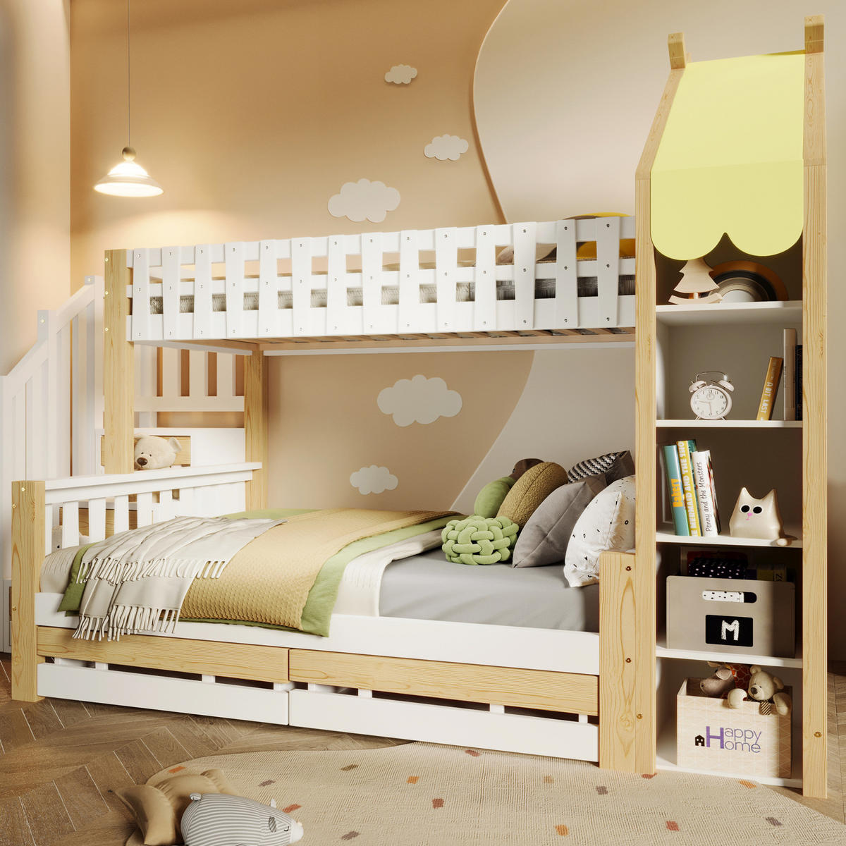 HAUSBETT 90/200 + 140/200 cm in Weiß/Natur mit Stauraumleiter und Schubladen - Weiß, Holz (90/200cm) - BEAOK