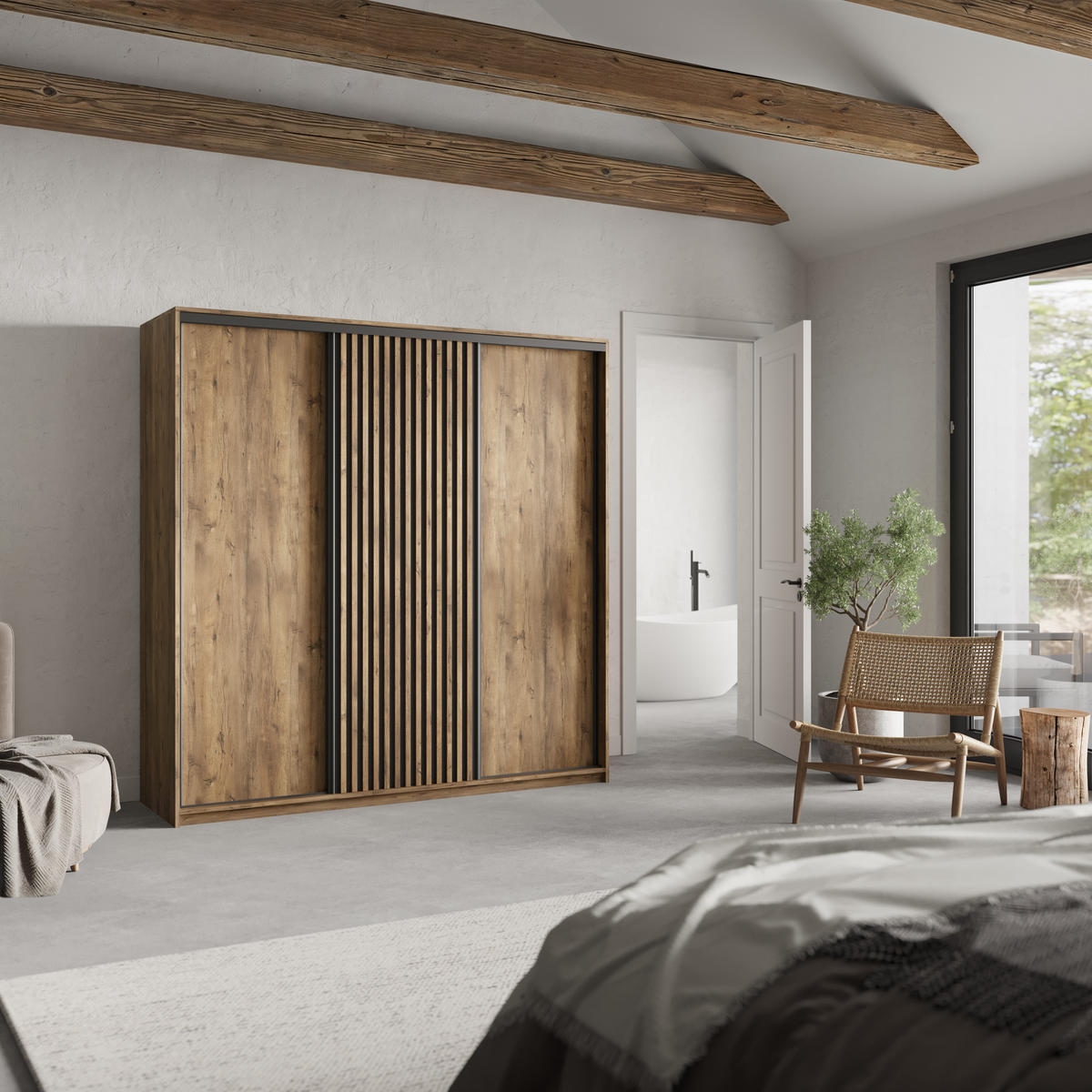 SCHWEBETÜRENSCHRANK VONTE 200/205/60 cm 3-türig mit Lamellen Eiche Lefkas - Eichefarben/Schwarz, Holzwerkstoff (200/205/60cm) - MASSENO