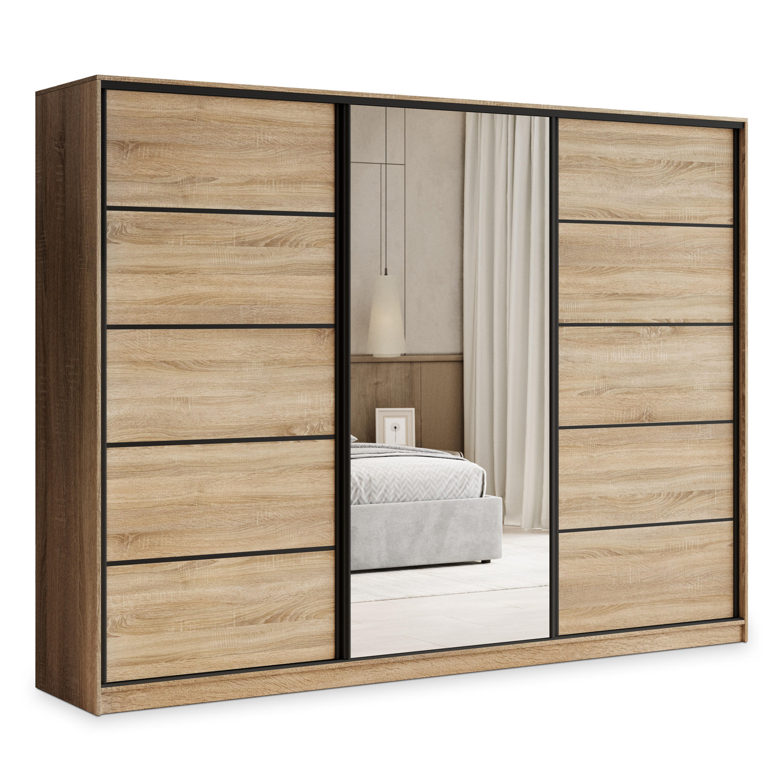 SCHWEBETÜRENSCHRANK PINA 250/205/58 cm 3-türig mit Spiegel und Schubladen Sonoma Eiche - Schwarz/Sonoma Eiche, Holzwerkstoff (250/205/58cm) - MASSENO
