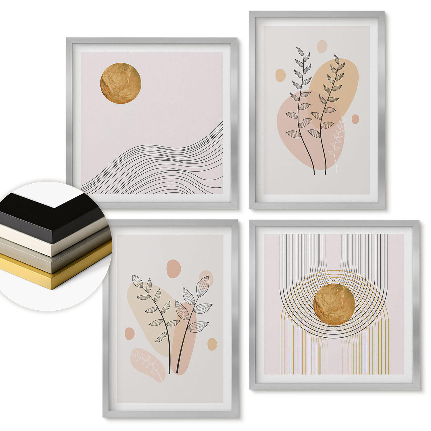 WANDBILDER 4er Set - 50x50 cm & 40x60 cm Silberner Rahmen - Minimalistische Pflanzenzeichnungen - Silberfarben, Kunststoff (50/50cm) - ArtPrintCave