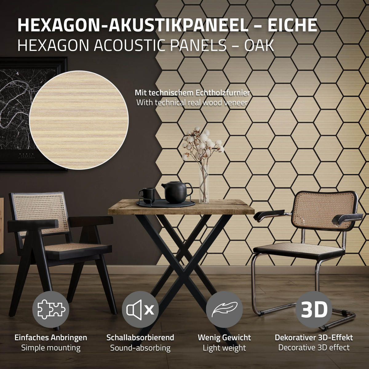 AKUSTIKPANEEL Echtholz 2er Set Eiche Hexagon - Hellbraun, Holzwerkstoff (2.1/81.1/66.6cm) - ML-DESIGN