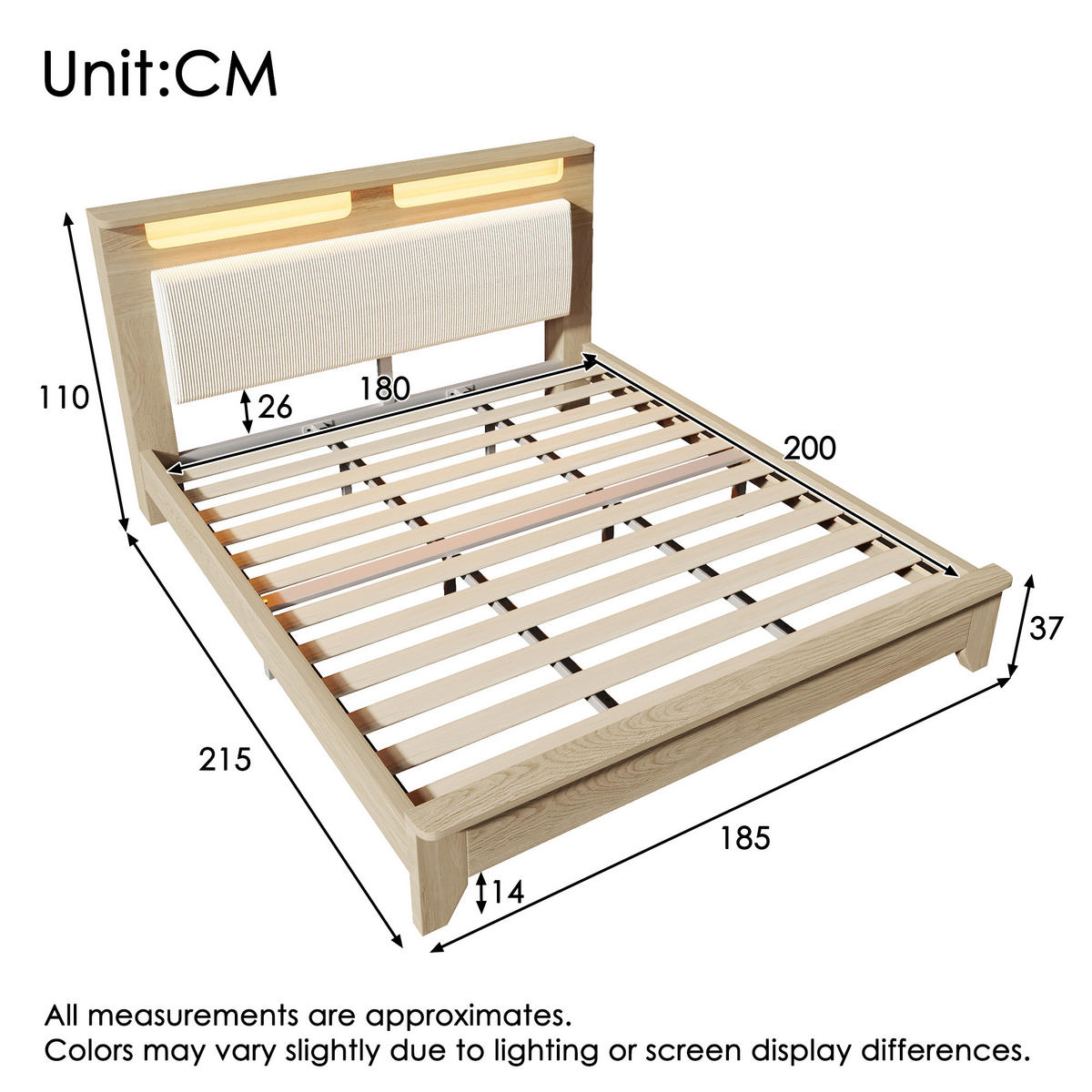 HOLZBETT 180/200 cm DE-00549, in Eichefarben, LED-Beleuchtung - Eichefarben, Holz (180/200cm) - ComfortXL