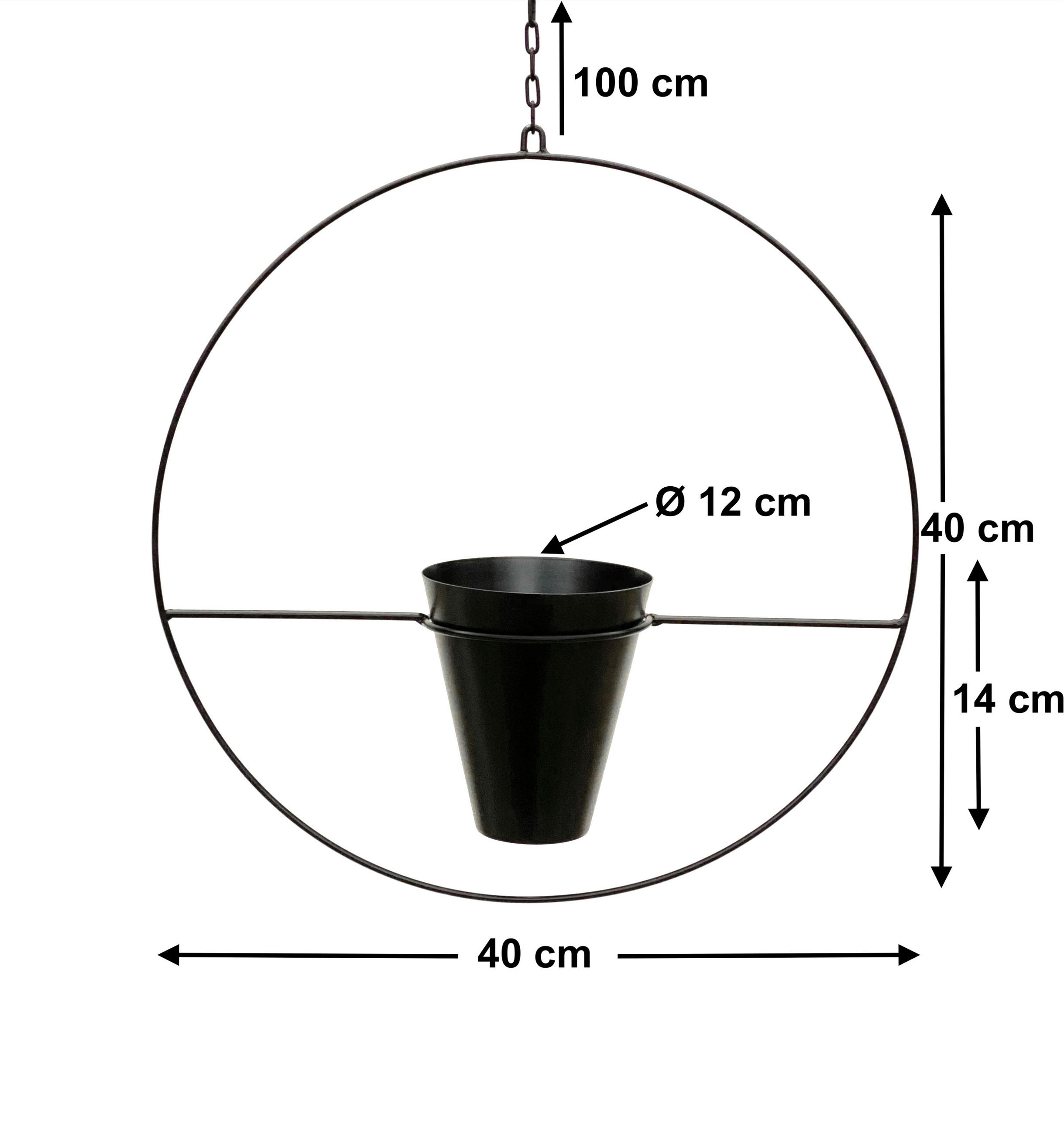 BLUMENAMPEL mit Topf Metall Schwarz Ø 40 cm KW446 - Schwarz, Metall (12/14/12cm) - DanDiBo