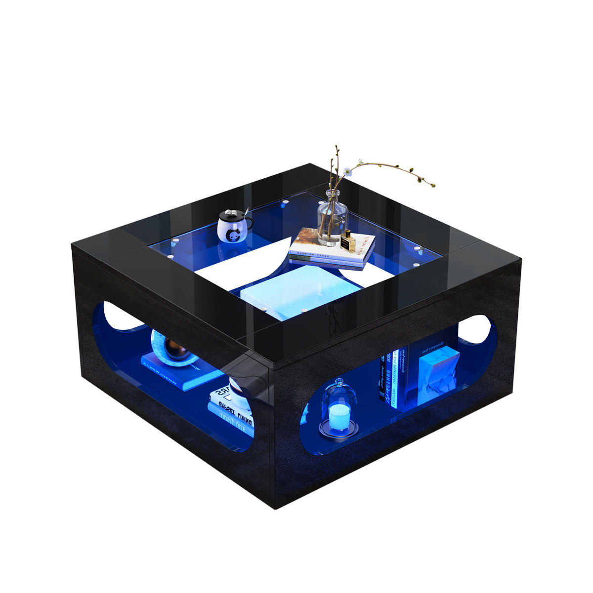 COUCHTISCH aus MDF und Glas 70x70x35 cm Schwarz mit LED-Beleuchtung, App-Steuerung und Stauraum - Schwarz, Holzwerkstoff (70/70/35cm) - Modfu
