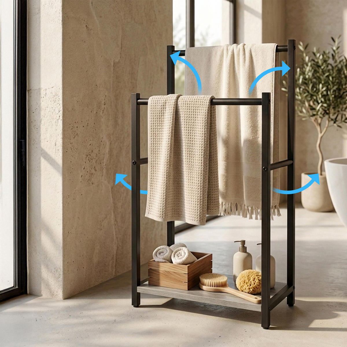 HANDTUCHSTÄNDER Schwarz-Grau Holzoptik mit Ablage 80 cm - Hellbraun/Schwarz, Holzwerkstoff/Metall (42/80/24cm) - Relaxdays