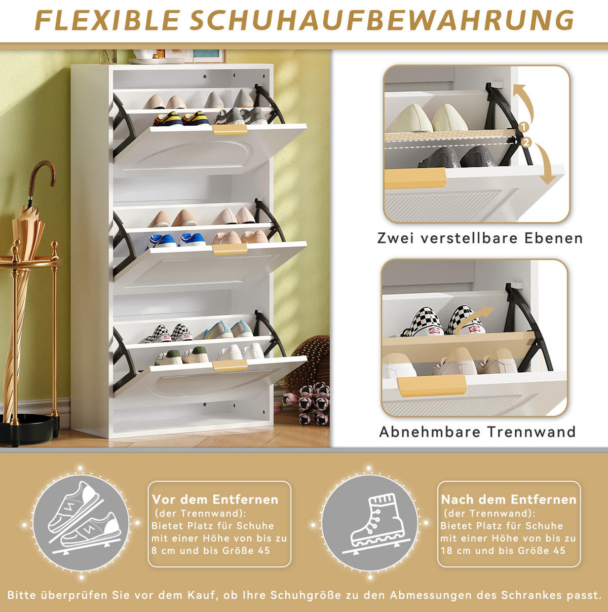 SCHUHSCHRANK 60/24/114 cm in Weiß mit 3 Klappen und verstellbaren Böden - Weiß, Holzwerkstoff (60/114/24cm) - Flora Grace
