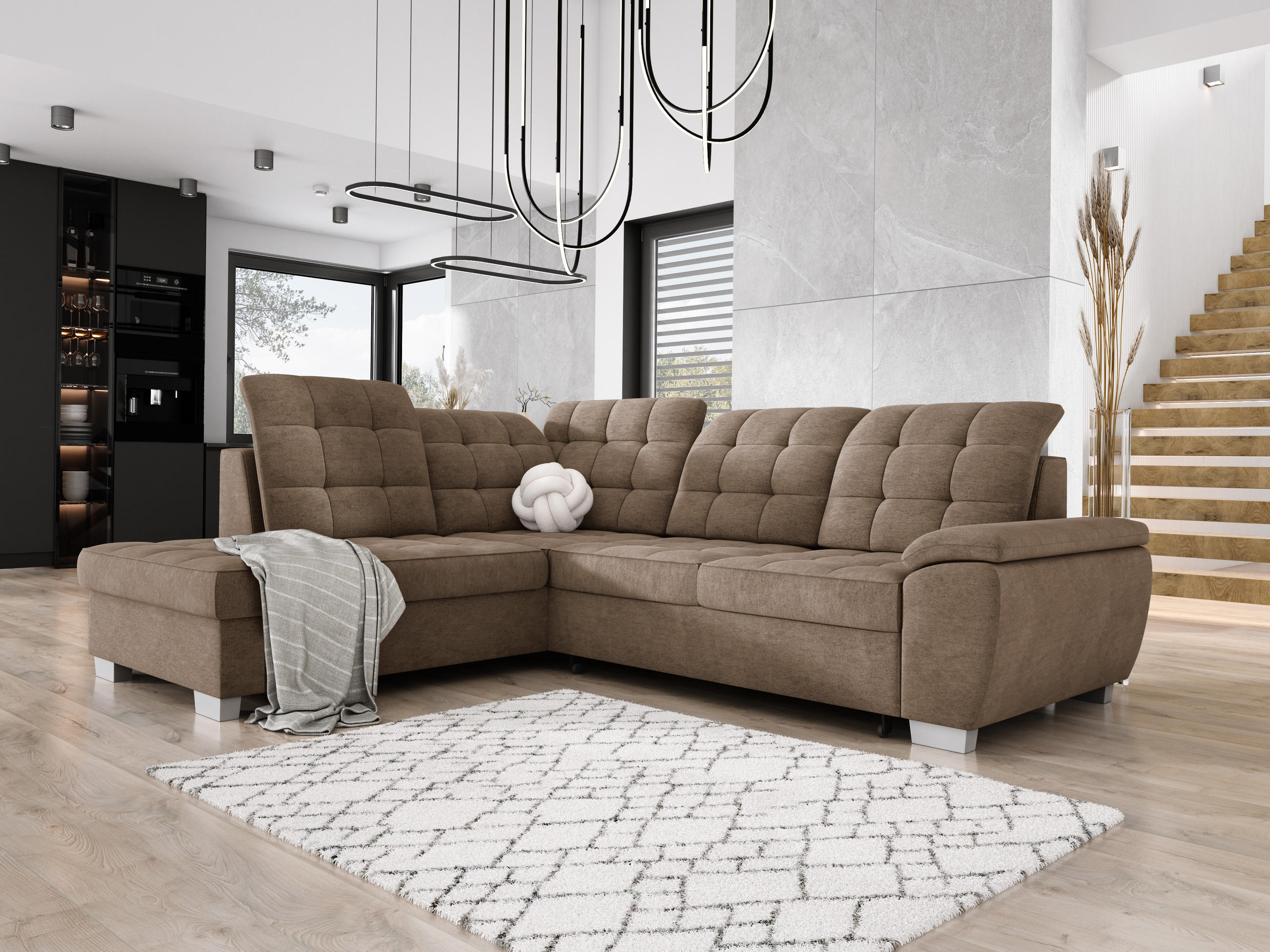 ECKSOFA LOTTA L-förmig Bettkasten verstellbare Kopfstützen hochwertige Verarbeitung lose Rückenkissen freistehend LINKS 212x258x106 cm Cappuccino - Cappuccino, Holz/Textil (212/258cm) - DomoHome