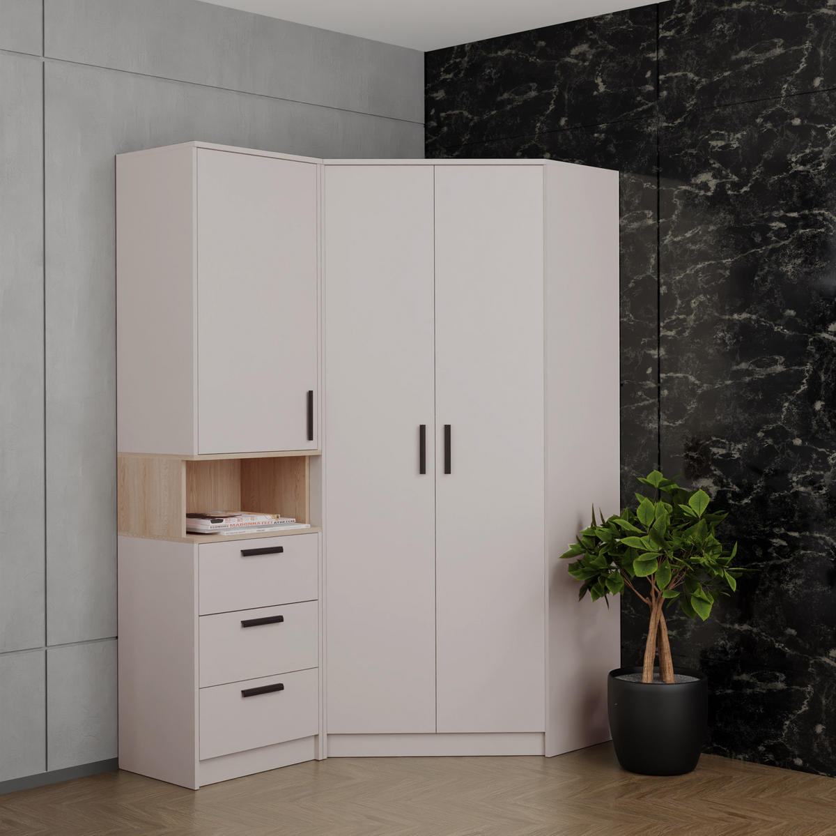 ECKKLEIDERSCHRANK REGAL GRANT SET 15/C GRAUBEIGE CASHMERE 143/195/91 - Kaschmir/Schwarz, Holzwerkstoff/Kunststoff (143/195/91cm)