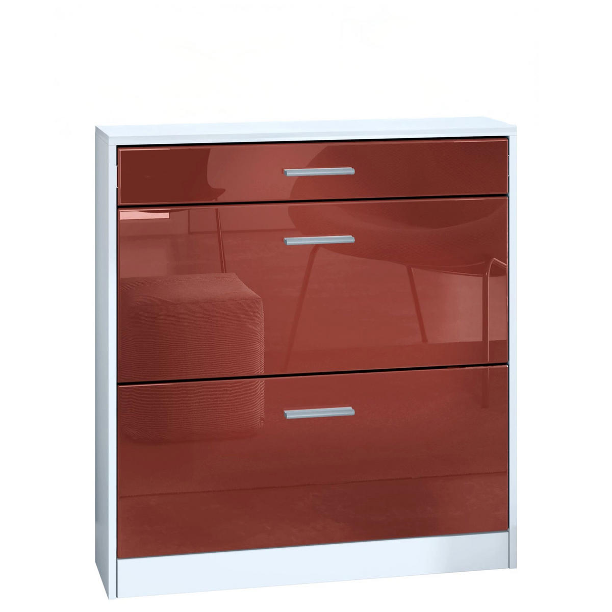 SCHUHSCHRANK Roma Schmal mit 2 Klappen und 1 Schublade, Platzsparender Schuhkipper, Weiß matt/Bordeaux Hochglanz (89 x 95,5 x 23 cm) - Bordeaux, Holzwerkstoff (89/95.5/23cm) - InnoFurn