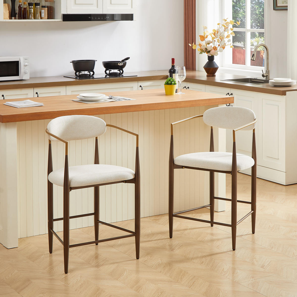 BARHOCKER 2er-Set mit Armlehnen und Stoffkissen, Creme - Beige, Textil (49/102/59cm)