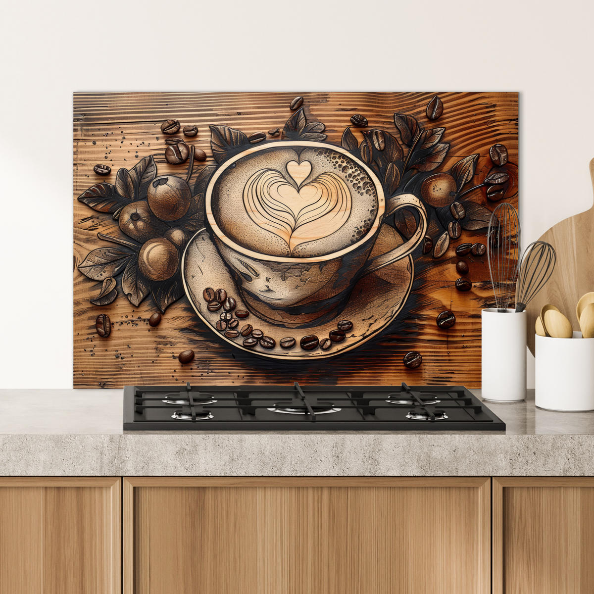 SPRITZSCHUTZ KÜCHE Kaffee - Vintage - Braun - Tasse - Holz 90x60 cm - Cappuccino, Metall (90/0.3/60cm) - MuchoWow