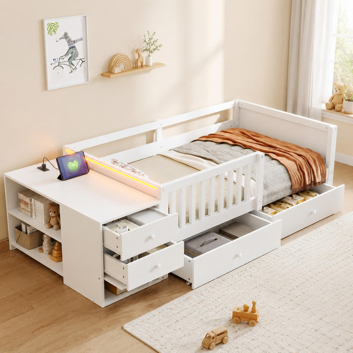 KINDERBETT 90/200 mit Stauraum, Schreibtisch, LED und Steckdose in Weiß - Weiß, Holzwerkstoff (90/200cm) - EVRYAE