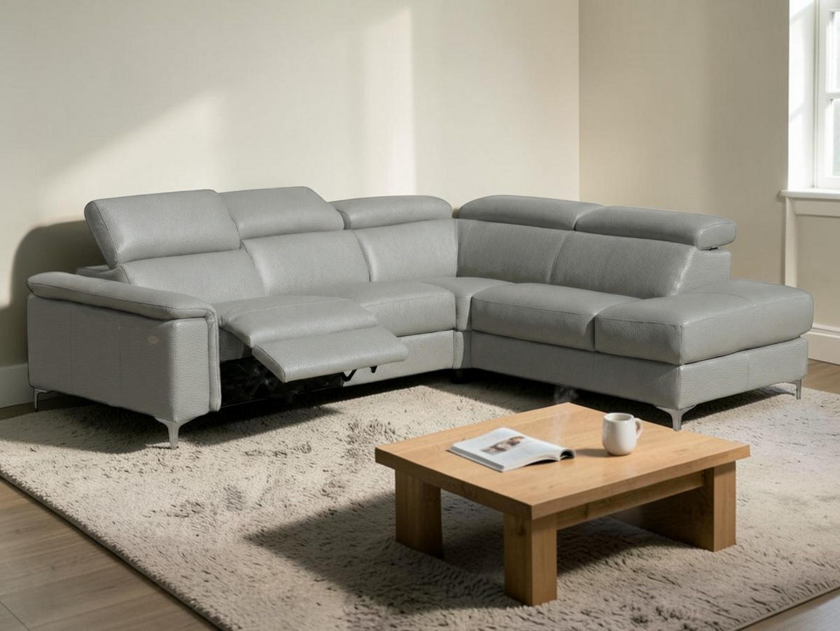 ECKSOFA Avenger Echtleder mit 1 x Relaxfunktion Perlgrau - Hellgrau, Leder/Metall (271/81/224cm)