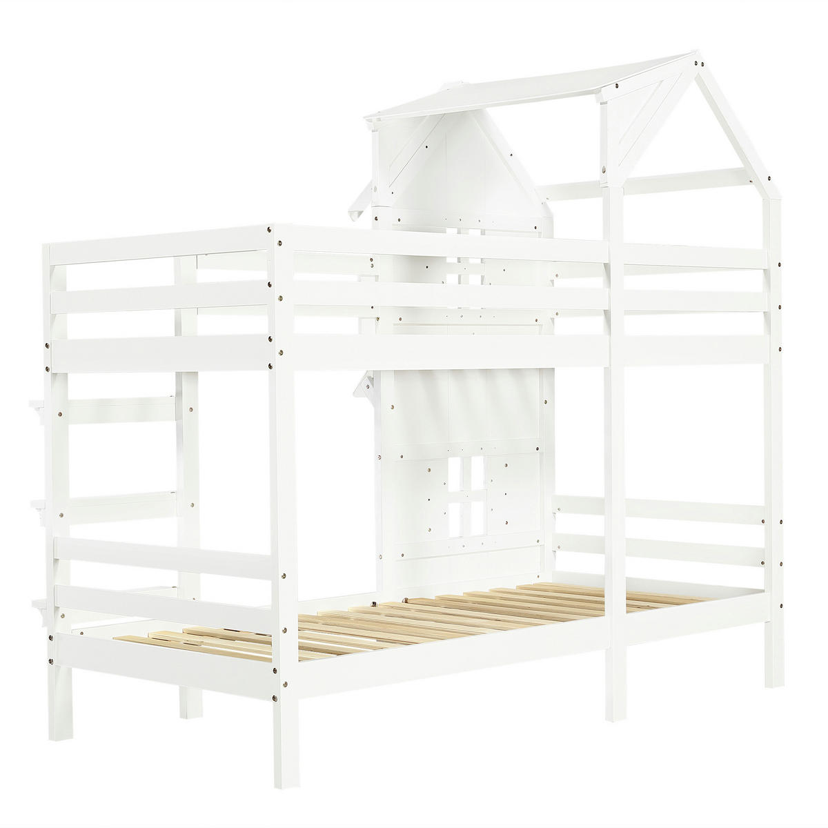 ETAGENBETT 90/200 cm in Weiß mit Sicherheitsgeländer, Dach und Leiter - Weiß, Holz/Holzwerkstoff (90/200cm) - WISHDOR