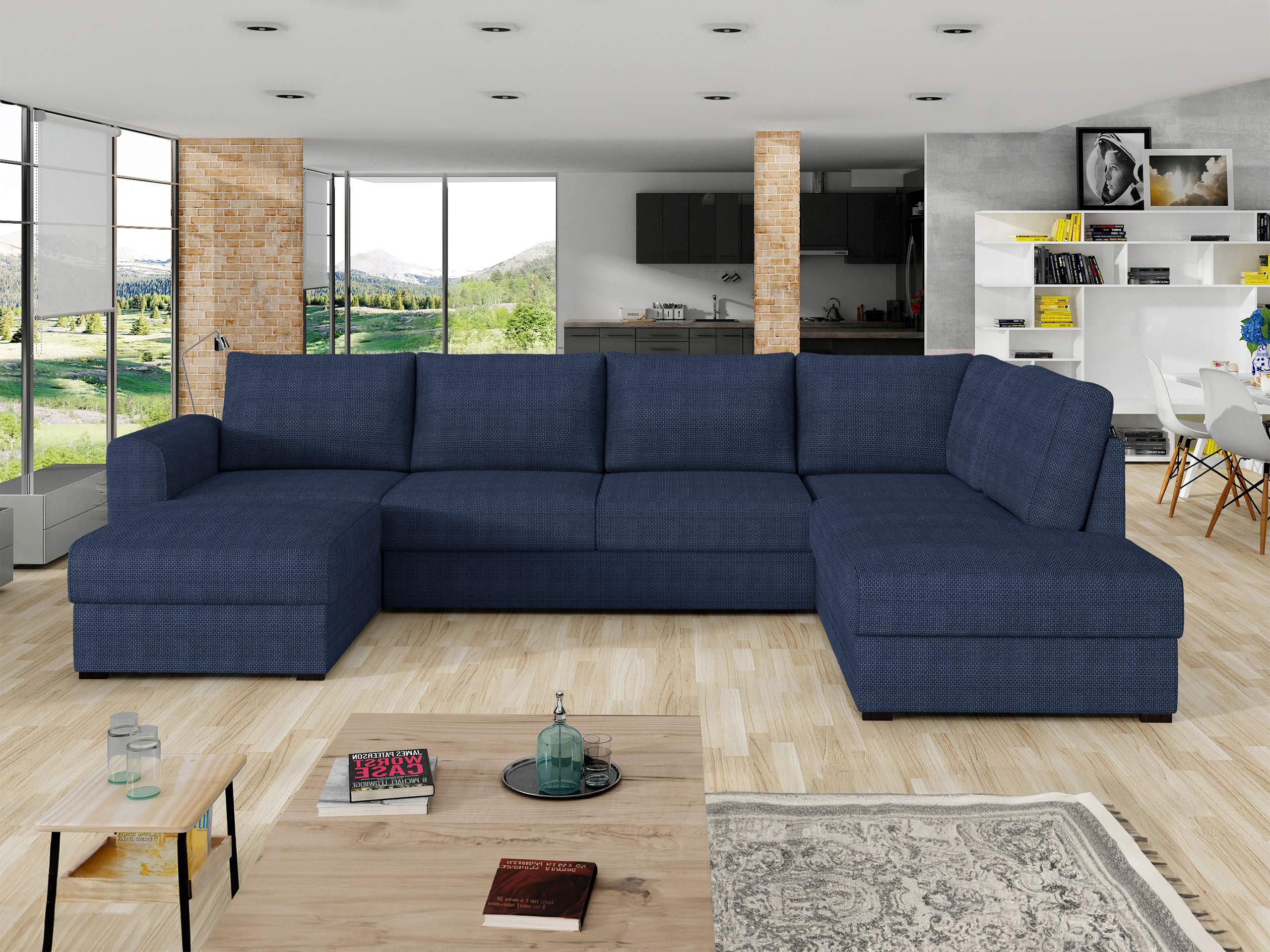 WOHNLANDSCHAFT Wilma, Seite: Rechts - Blau/Schwarz, Holz/Textil (305/85/188cm) - MIRJAN24