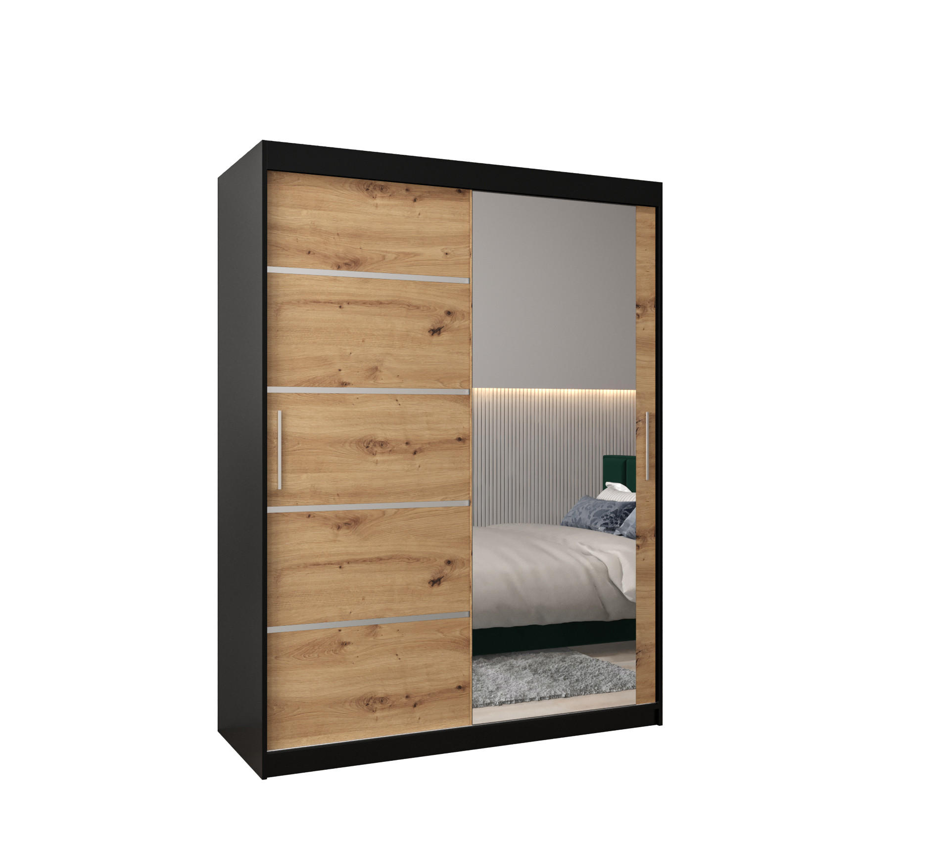 Abiks Möbel Schwebetürenschrank Schwarz, Eiche Artisan, Silber 150x200x62 cm