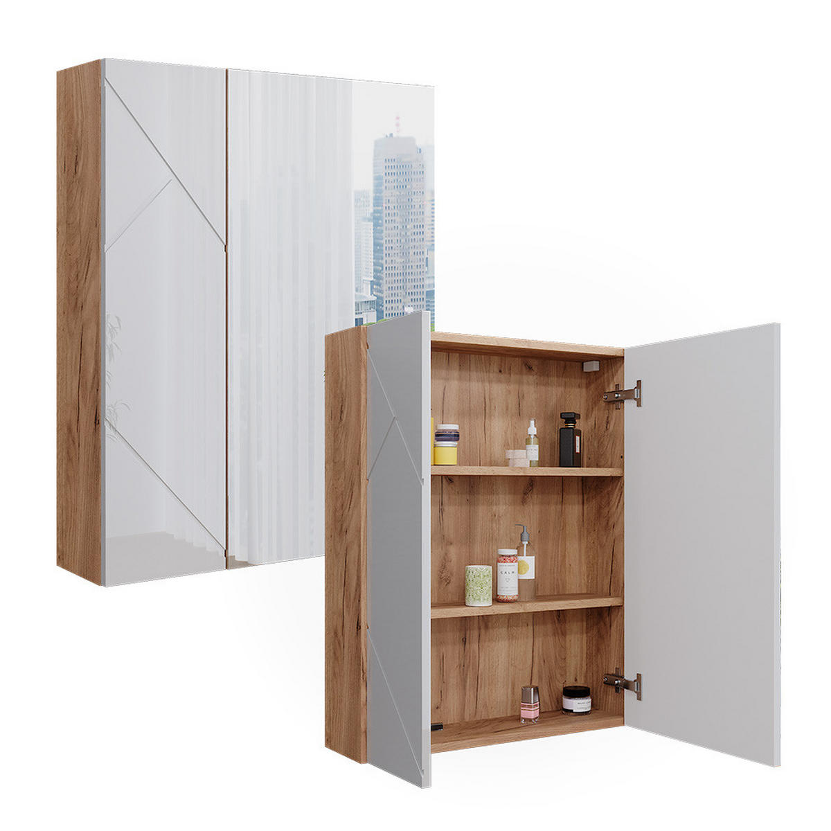 BADSPIEGELSCHRANK Irma Goldkraft Eiche/Weiß Hochglanz 60 x 75 cm - Eiche Wotan/Weiß, Holzwerkstoff (60/75/17.2cm) - Vicco