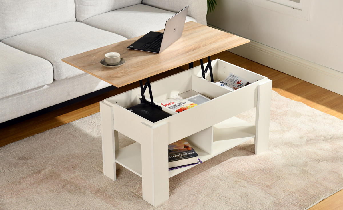 COUCHTISCH mit Lift-Top, Stauraum und Ablagefach, Weiß/Eiche - Weiß, Holz (96/50/47cm) - Urban Meuble