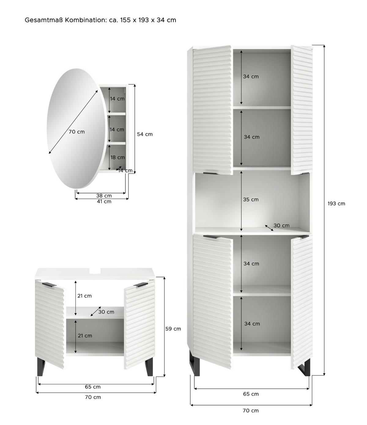 BADMÖBEL-SET 3-teilig weiß 155 cm, Komplettset mit Soft-Close - Weiß, Glas/Holzwerkstoff (155/193/34cm) - Inn.Furn