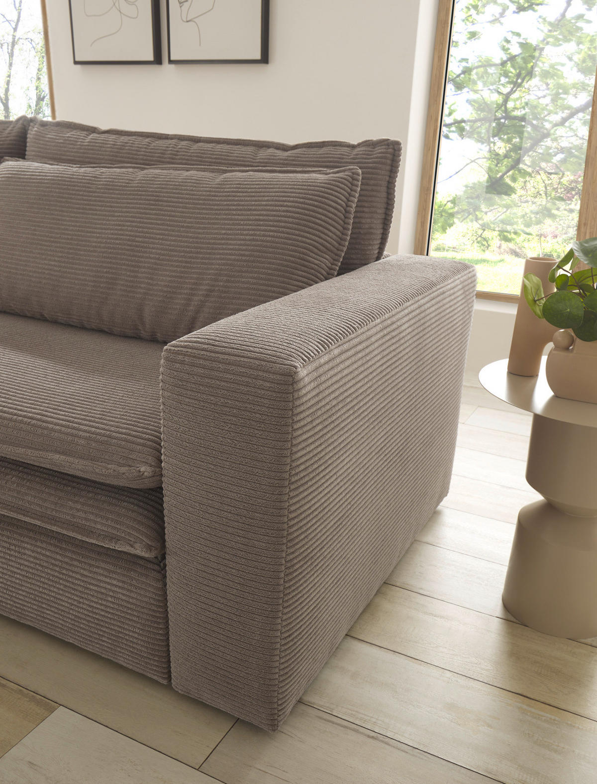 SOFA-SET braun Cord, Couch 3-Sitzer mit Bettfunktion inklusive Hocker - Beige/Braun, Holz/Textil (244/83/176cm) - Furn.Design