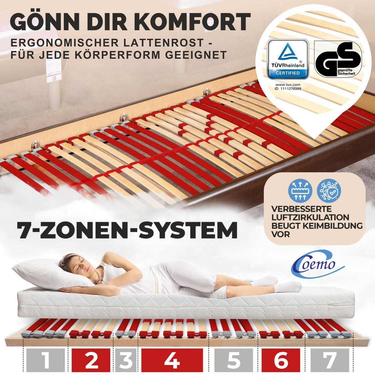 LATTENROST RUBY NV 70x200 cm - Rot/Naturfarben, Holz (70/200cm) - Coemo