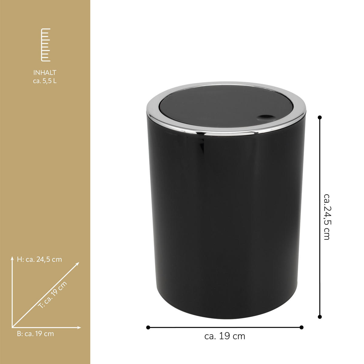 KOSMETIKEIMER SAVONA 5,5 Liter, schwarz - Schwarz, Kunststoff (19/24.5/19cm) - bremermann