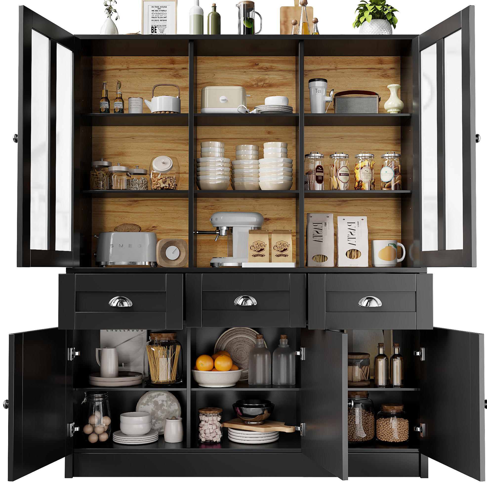 BUFFET 140/38,5/175 cm in Schwarz mit Acrylfronten und Schubladen - Schwarz, Holzwerkstoff (140/175/38.5cm) - Flora Grace