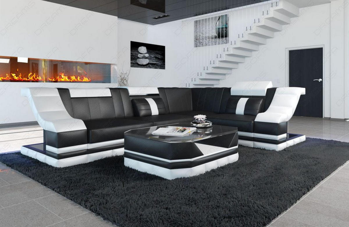 COUCH Bianchi Schwarz Weiß Büffelleder - Schwarz, Leder (271/196cm)