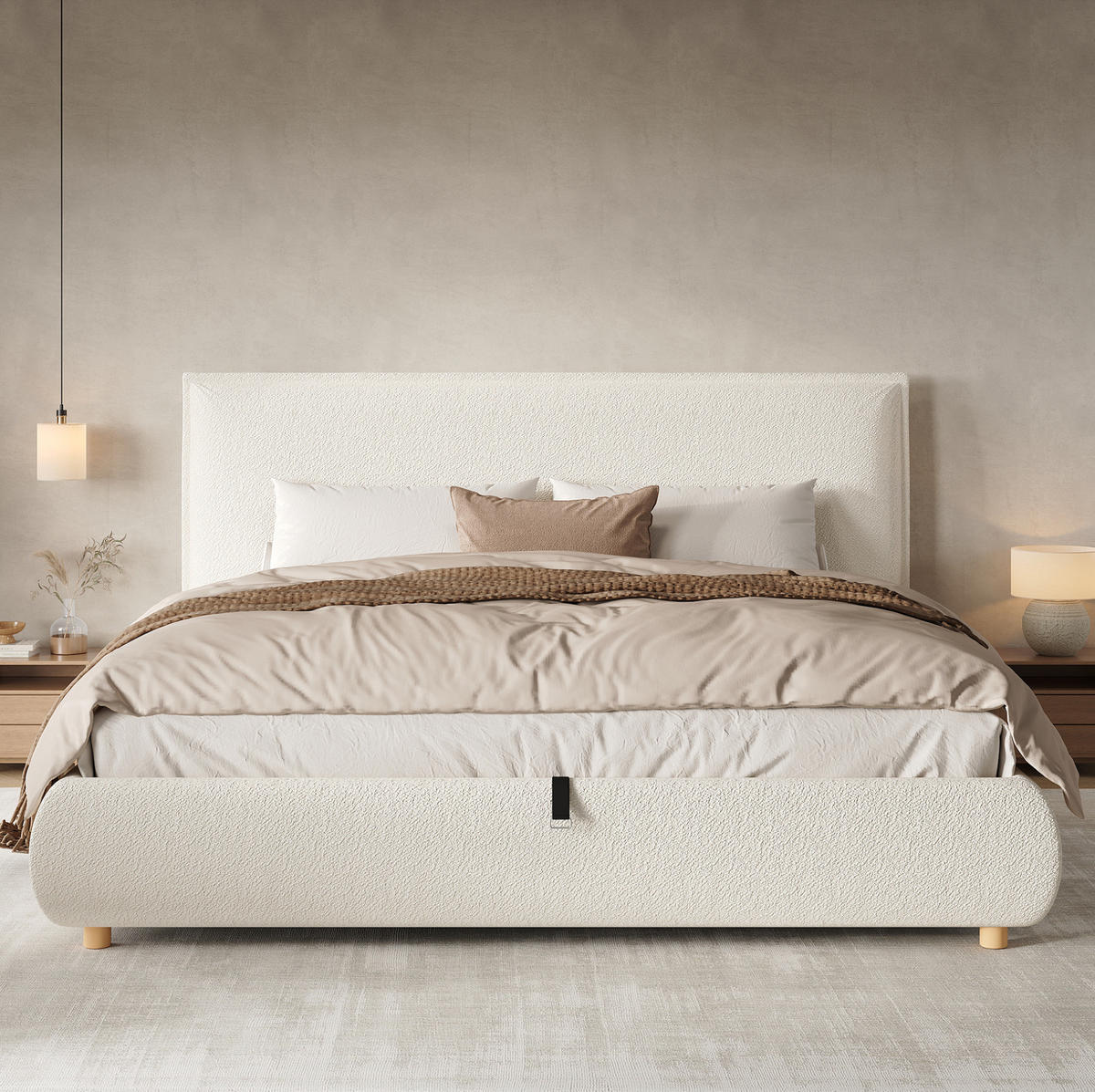 POLSTERBETT 180/200 cm weiß aus Bouclé mit Stauraum und Lattenrost - Weiß, Holzwerkstoff (180/200cm) - OKWISH