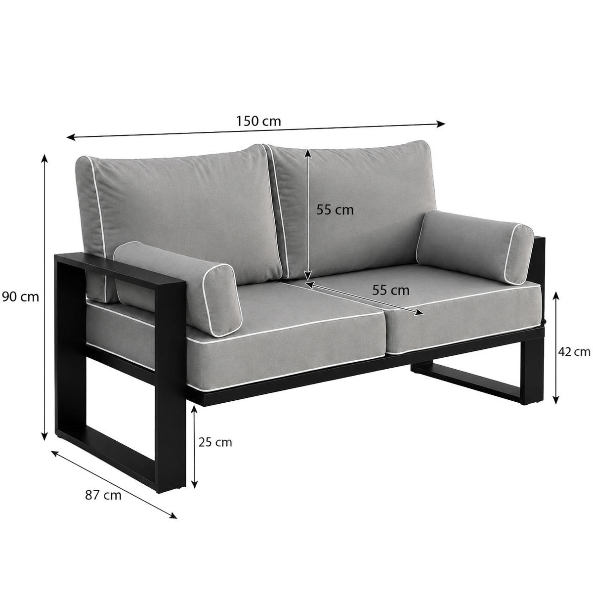 LOUNGESOFA 2-Sitzer Verdino mit Metallrahmen 150 cm dunkelgrau - Dunkelgrau, Metall (150/90/87cm) - Beautysofa