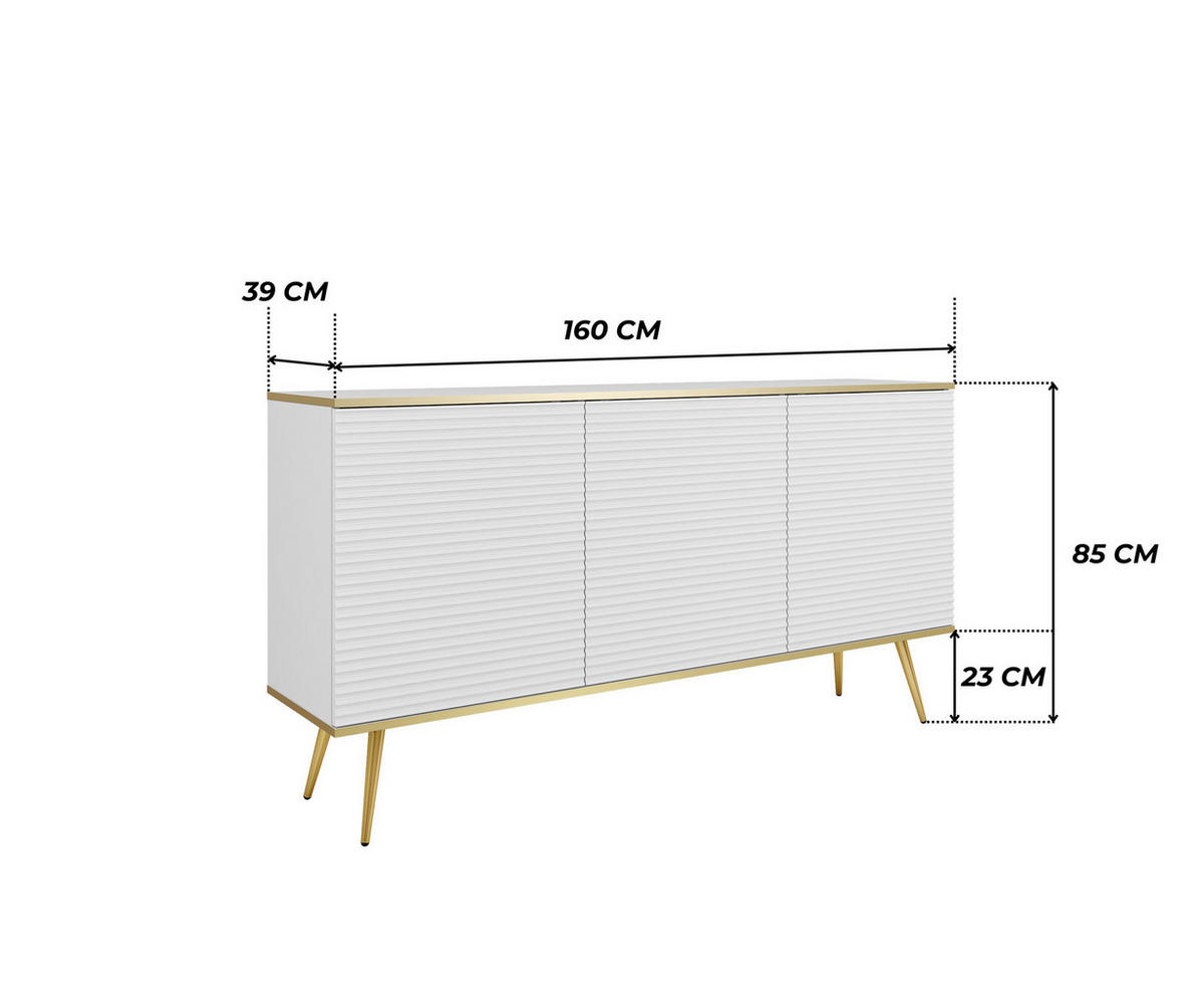 KOMMODE FORNO (Weiß, Rillenfront, Goldene Details, 3 Türen, goldene Metallfüße, 160 cm) - Gelb/Goldfarben, Holz/Holzwerkstoff (160/85/39cm) - Ravio