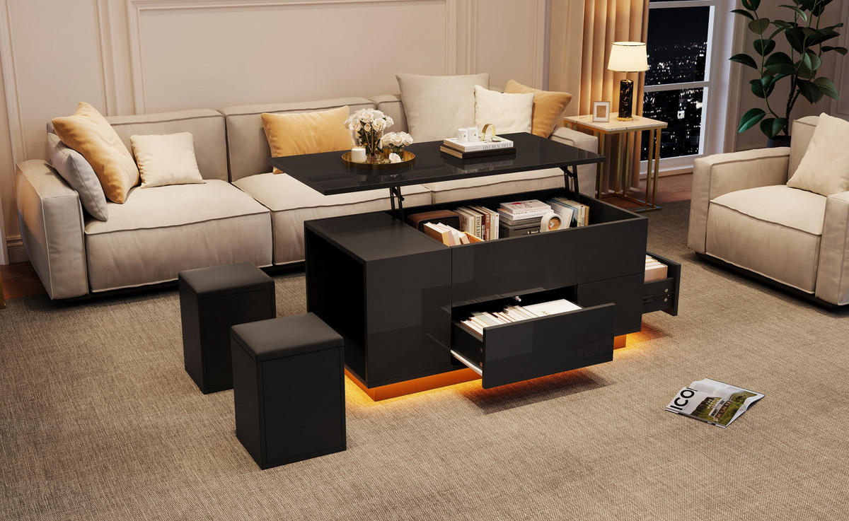 COUCHTISCH 100/50/45 cm höhenverstellbar mit LED-Beleuchtung und 2 Hockern, Schwarz - Schwarz, Holzwerkstoff (100/50/45cm) - Flora Grace