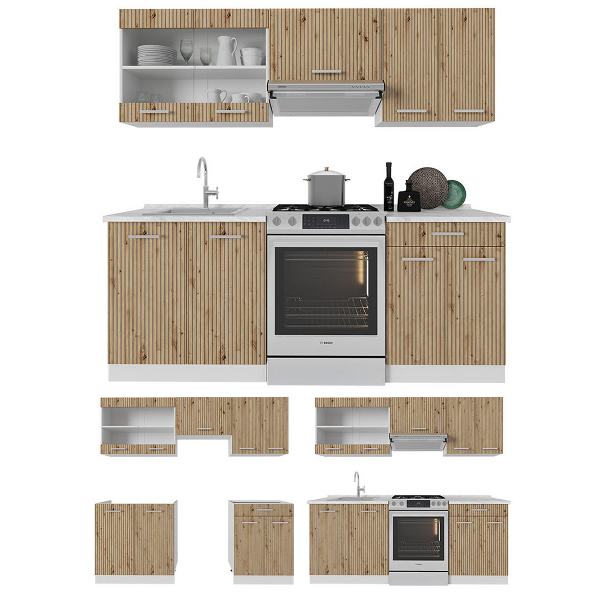 KÜCHE R-Line Artisan Eiche/Weiß 200 cm ohne AP - Eiche Artisan/Weiß, Holzwerkstoff (200/81.6/46cm) - Vicco