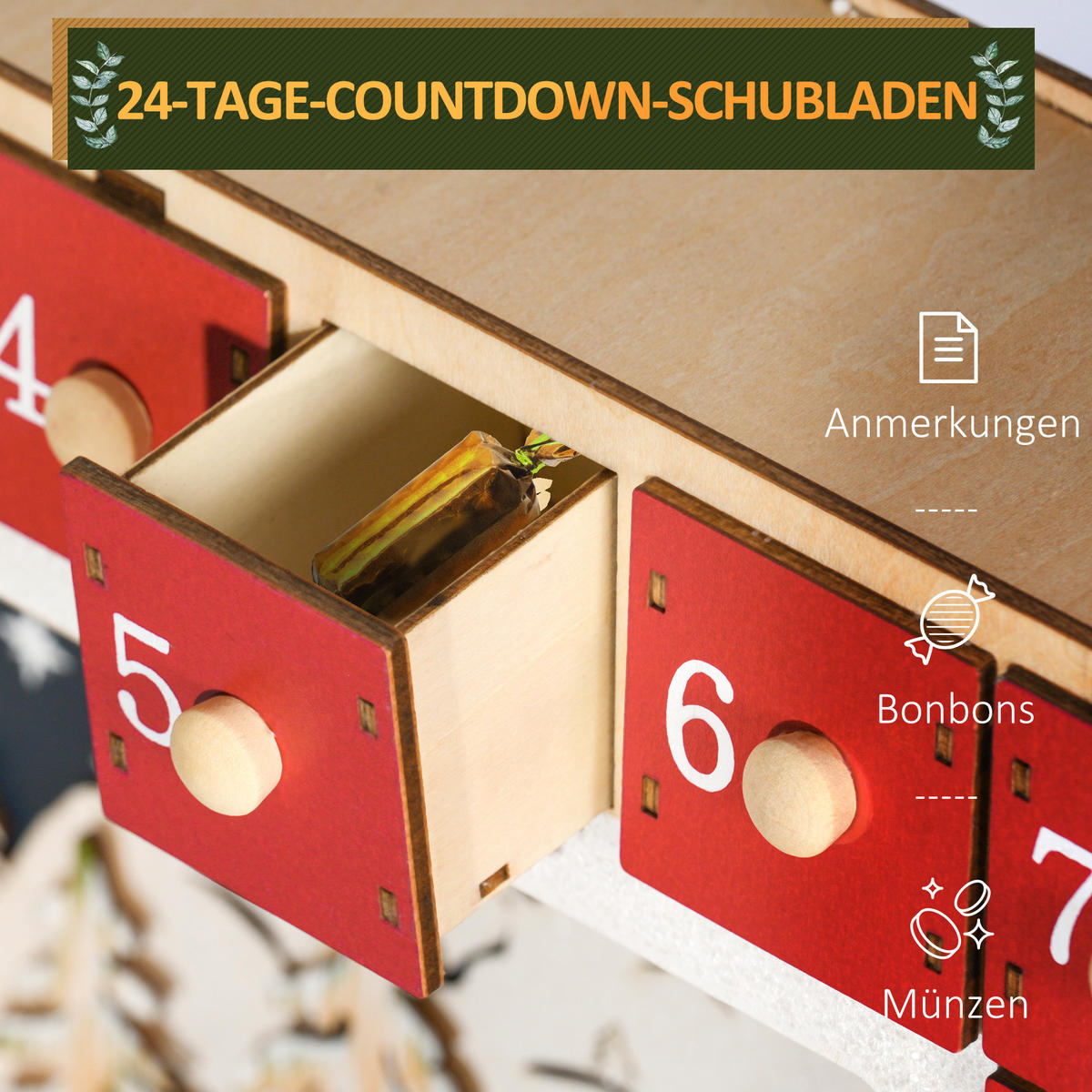 WEIHNACHTS-ADVENTSKALENDER - Rot, Holzwerkstoff (7/34/34cm) - HOMCOM