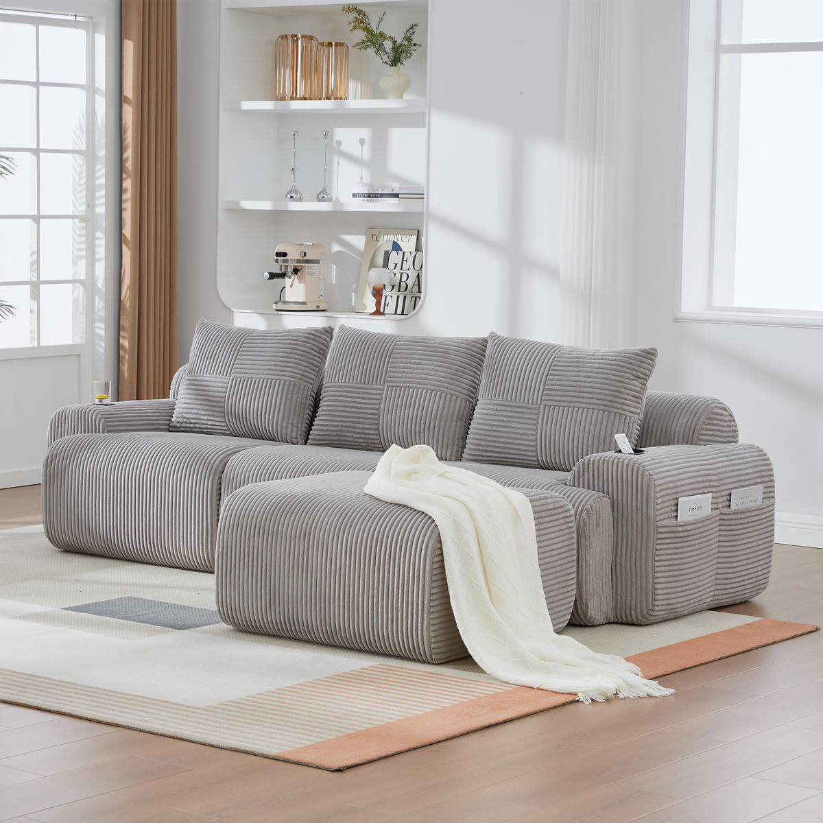 MODULARES 3-Sitzer Sofa Cordstoff mit Getränkehalter und Seitentasche 268/174/80 cm Hellgrau - Hellgrau, Textil (174/268cm) - Redom