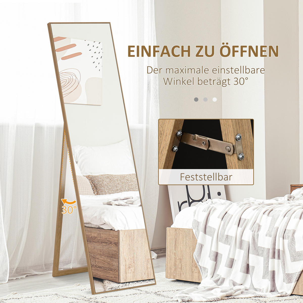 STANDSPIEGEL, Ganzkörperspiegel mit Holzmaserung, Ankleidespiegel, Hellbraun - Silberfarben, Glas (3/150/40cm) - HOMCOM
