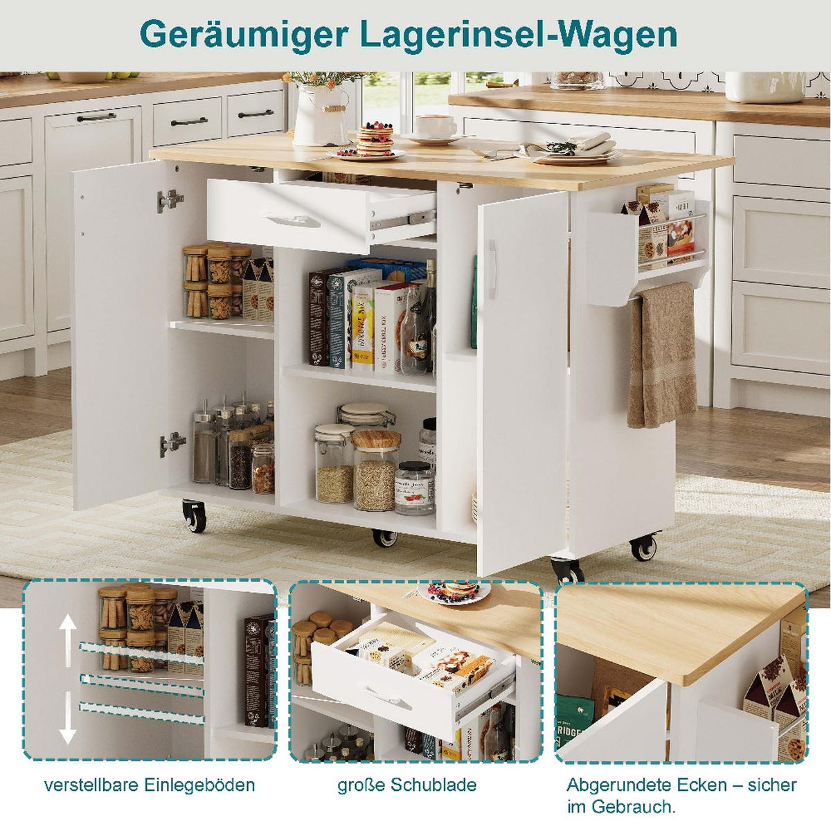 KÜCHENINSEL auf Rollen mit klappbarer Arbeitsplatte, Weiß-Eiche, 136,5/67,5/92,8 cm - Weiß, Kunststoff (67.5/92.8/136.5cm) - Rolipo