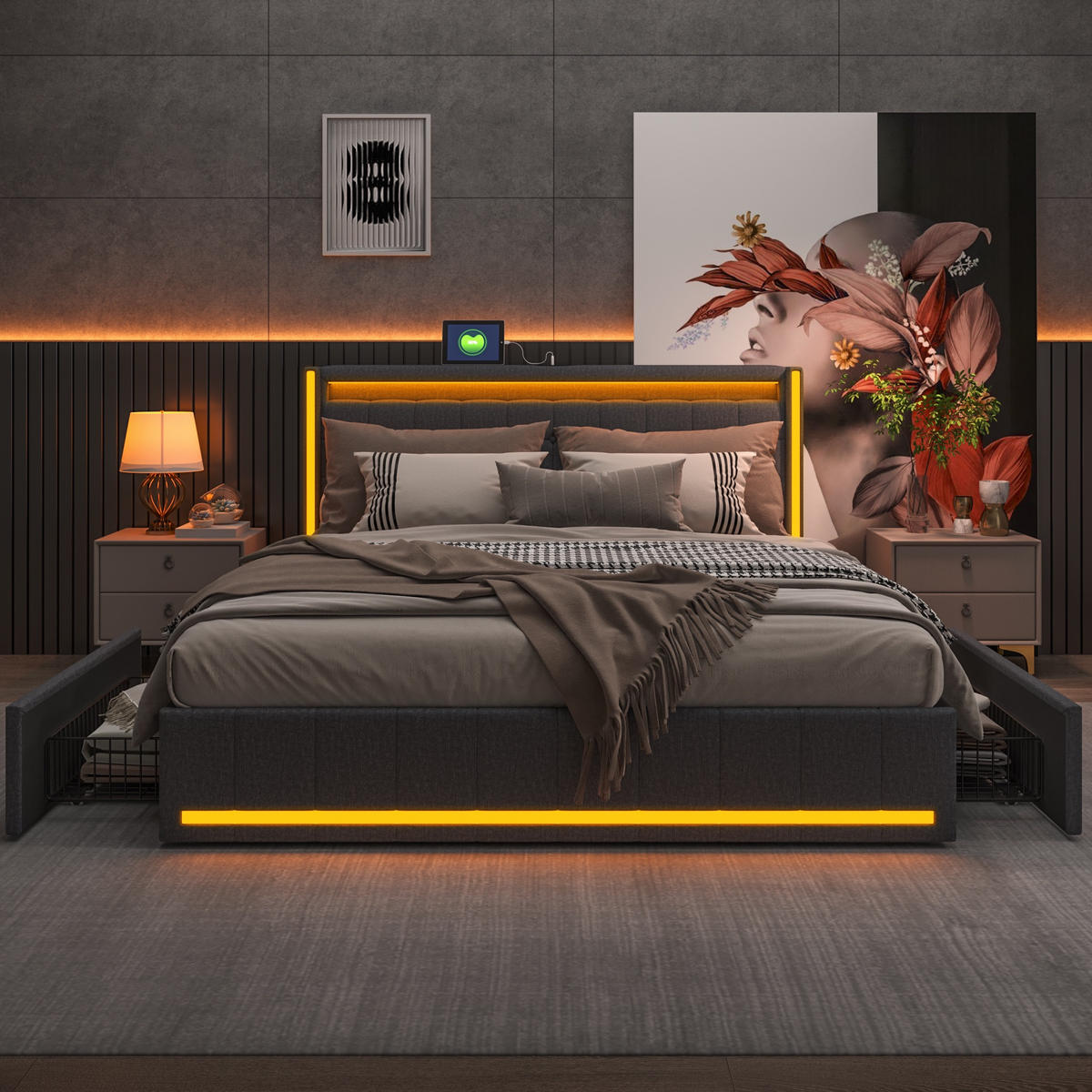 POLSTERBETT 180x200 cm Lumina Smart mit 3-Zonen RGB-LED, USB & USB-C, 4 Schubladen, Leinen-Optik, Dunkelgrau - Grau, Textil (180/200cm) - DELFA