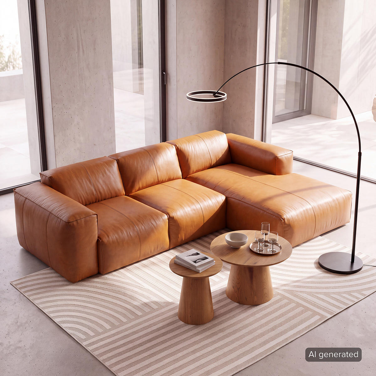 3-SITZER ECKSOFA mit Longchair - Cognac/Schwarz, Leder/Kunststoff (251/173cm) - home24