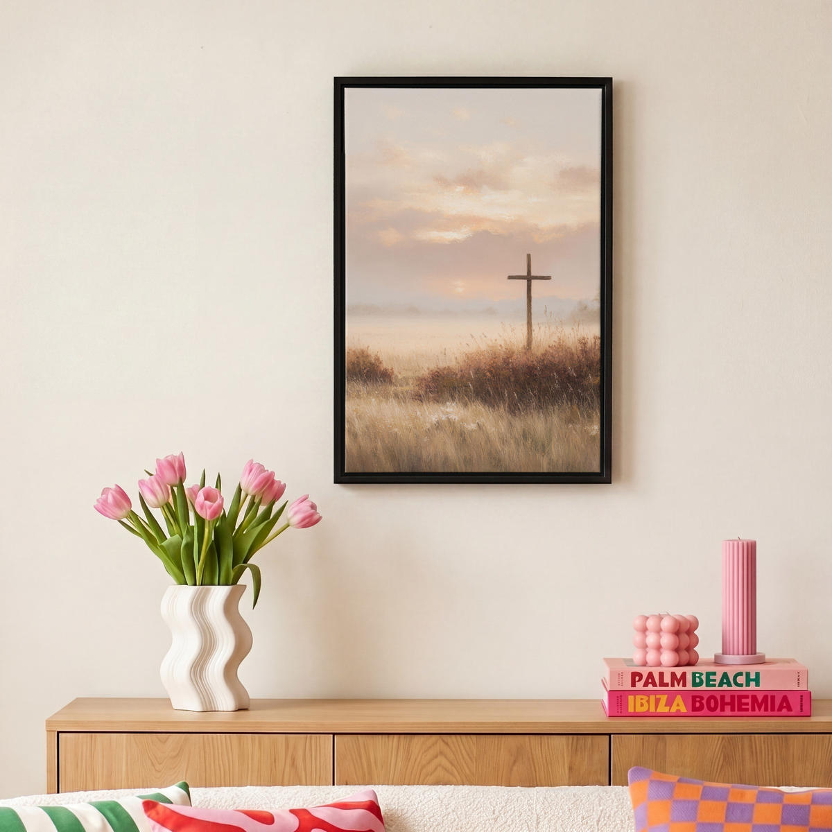 LEINWAND Bilder mit Rahmen - Gras - Morgennebel - Kreuz - Christentum - 20x30 - Beige, Textil (20/30cm) - MuchoWow