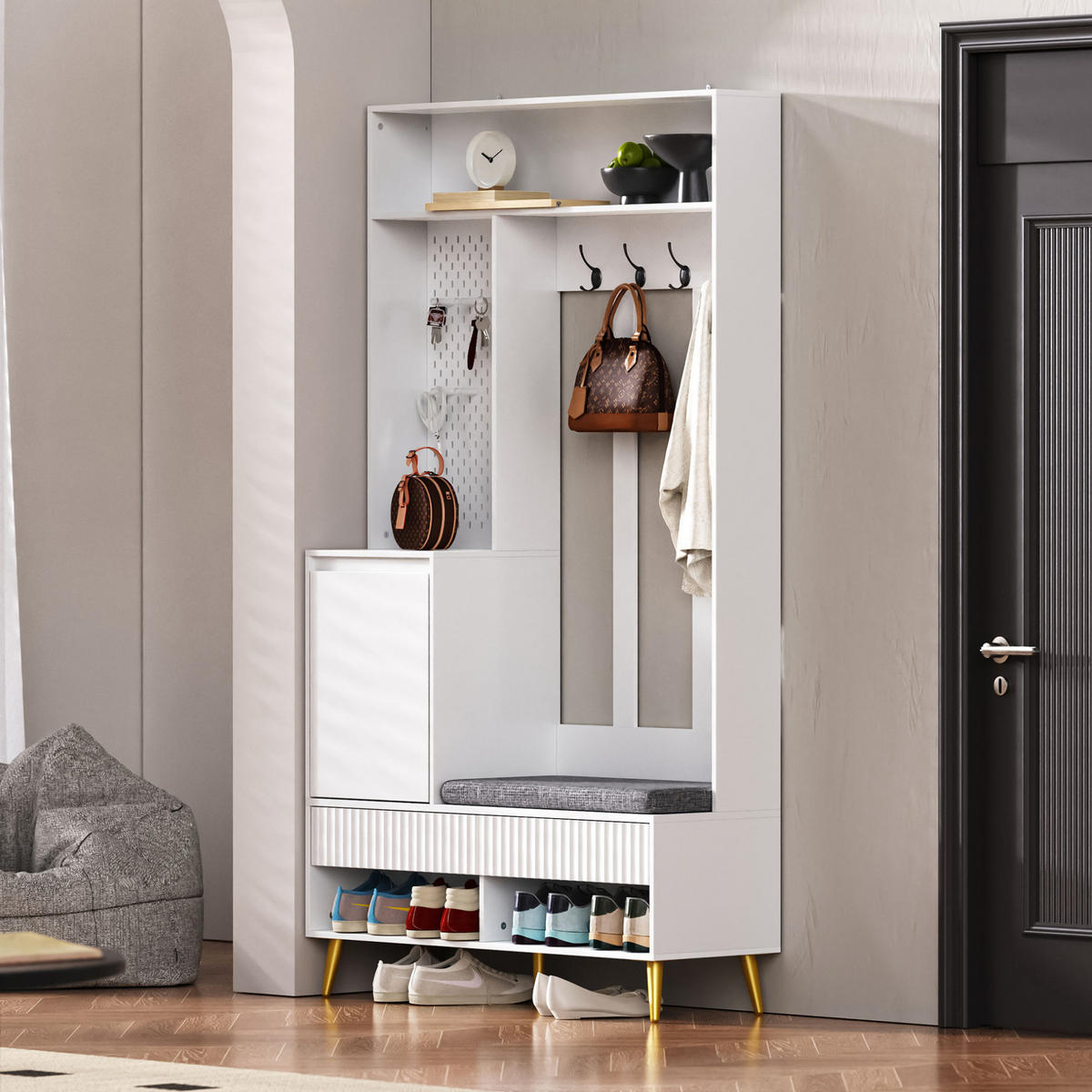 GARDEROBENSET 35/100/180 cm aus MDF mit Sitzbank, 2 Schubladen, Schrank und 4 Haken, Weiß - Weiß, Holzwerkstoff (100/180/35cm) - Redom