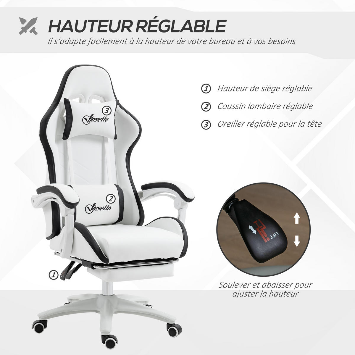 GAMINGSTUHL DE-11703 neigbar 135° mit Fußstütze Weiß/Schwarz - Schwarz, Metall (65/129/65cm) - ComfortXL