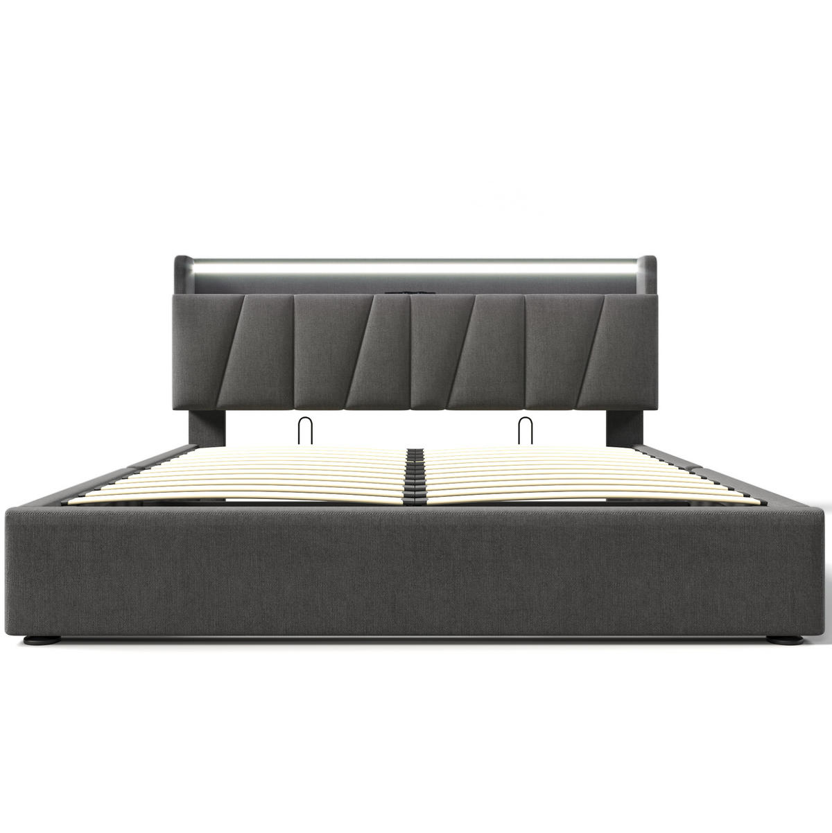 POLSTERBETT aus Leinen 140x200 cm Grau mit Matratze, Stauraum, LED-Beleuchtung und USB-Anschlüssen - Grau, Textil (140/200cm) - IVMEU