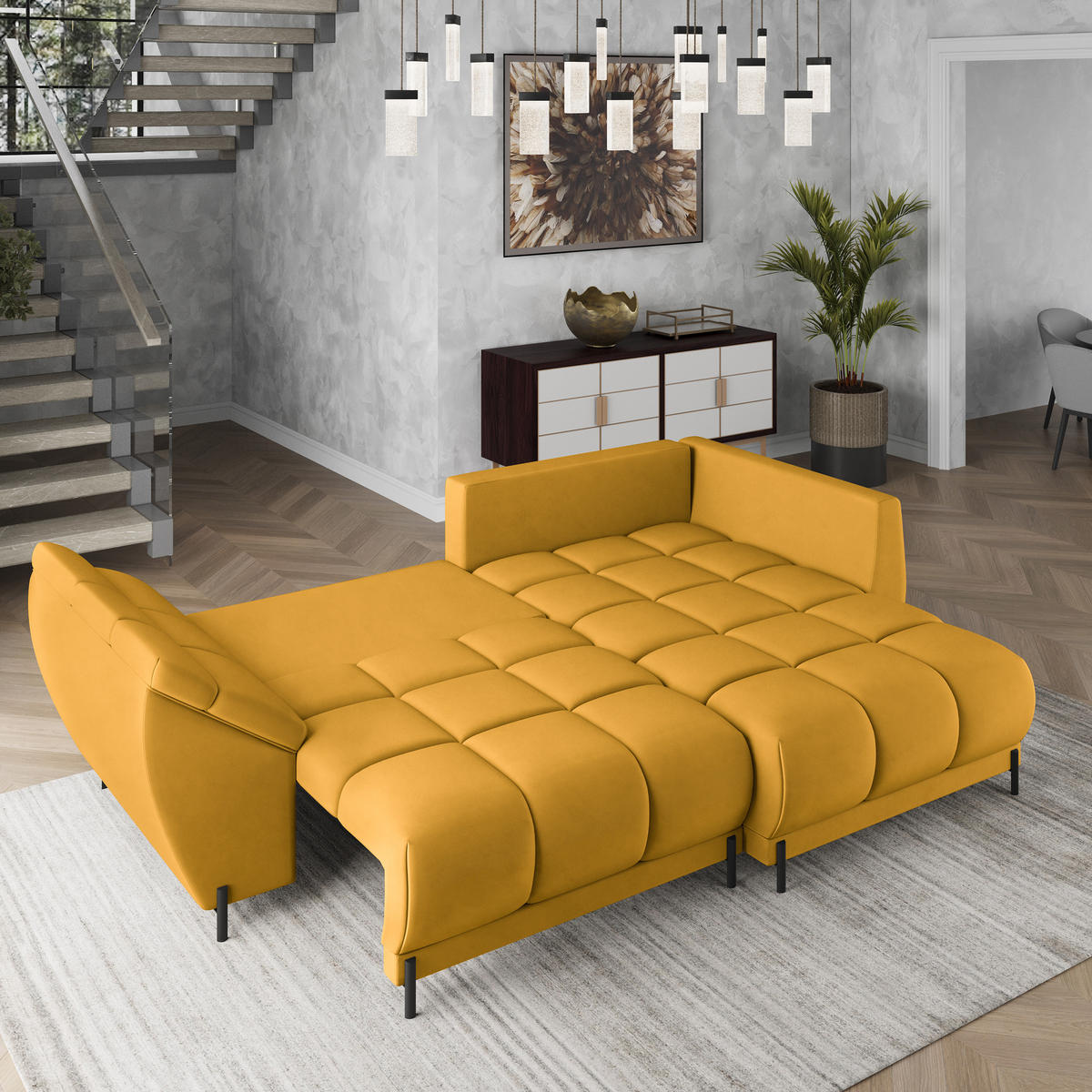 ECKSOFA VESTANO R-S Gelb Velours-Stoff mit Schlaffunktion - Gelb, Holz (287/182cm) - MASSENO