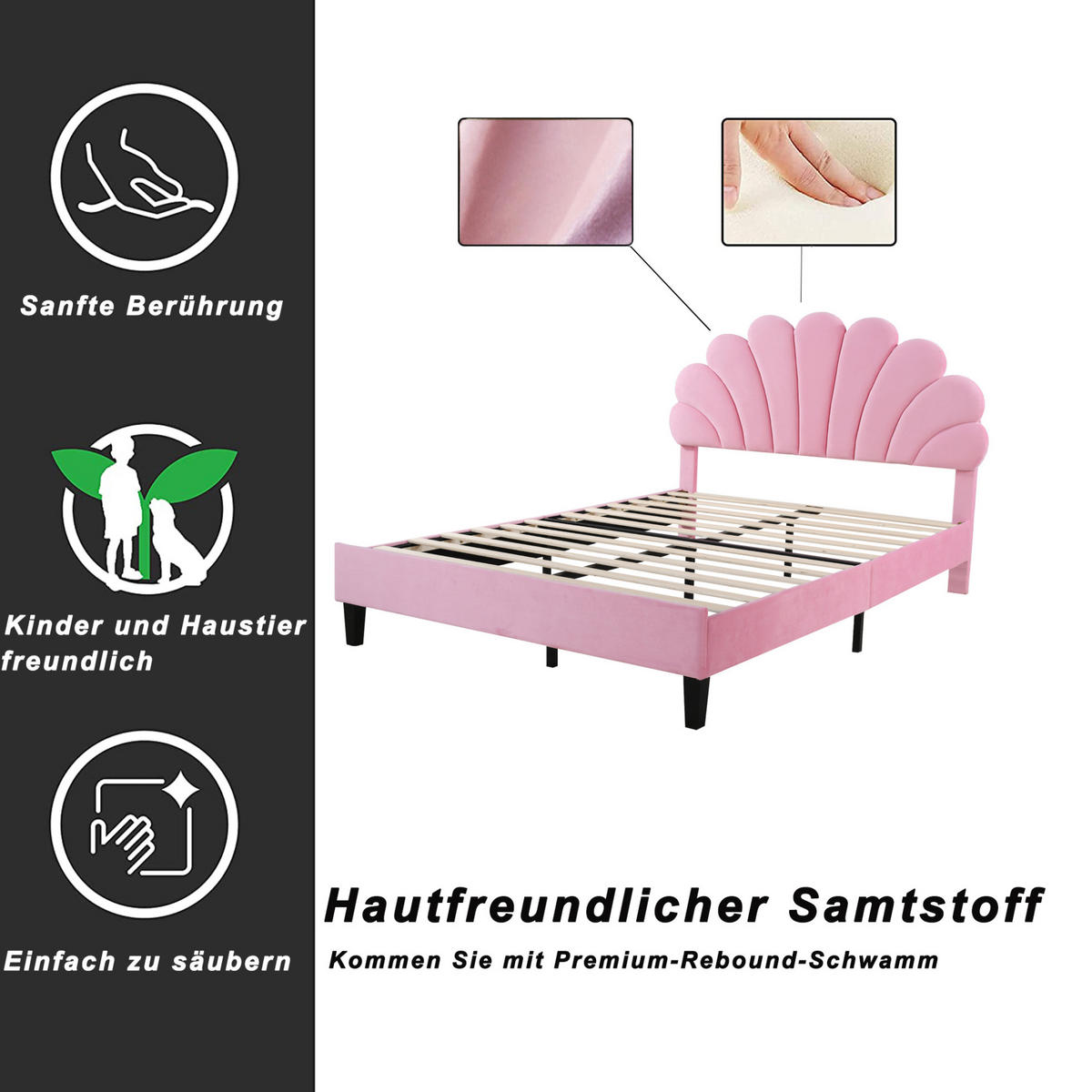 POLSTERBETT mit Blumen-Kopfteil 140x200 cm Samt Pink - Pink, Metall (140/200cm) - Meubliv