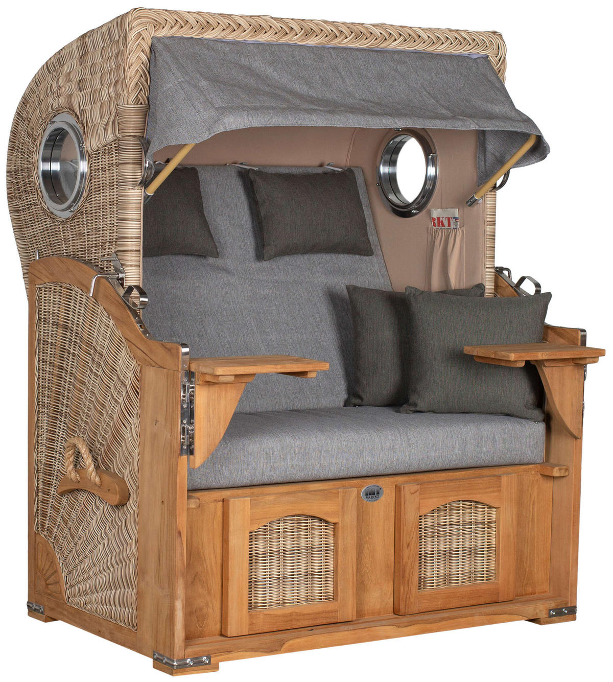 STRANDKORB Düne 2-Sitzer Teak Shell Bullauge - Braun/Grau, Holz/Metall (125/170/80cm) - Mr. Deko