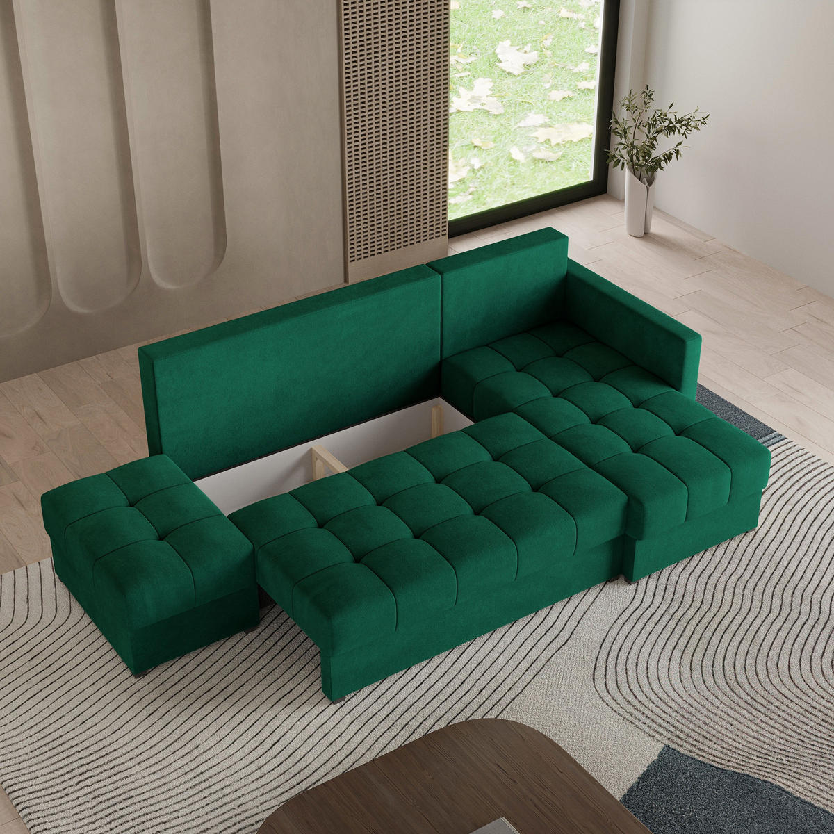 ECKSOFA LUMARI R-S Grün Plüsch-Stoff mit Schlaffunktion - Grün, Holz (262/143cm) - MASSENO