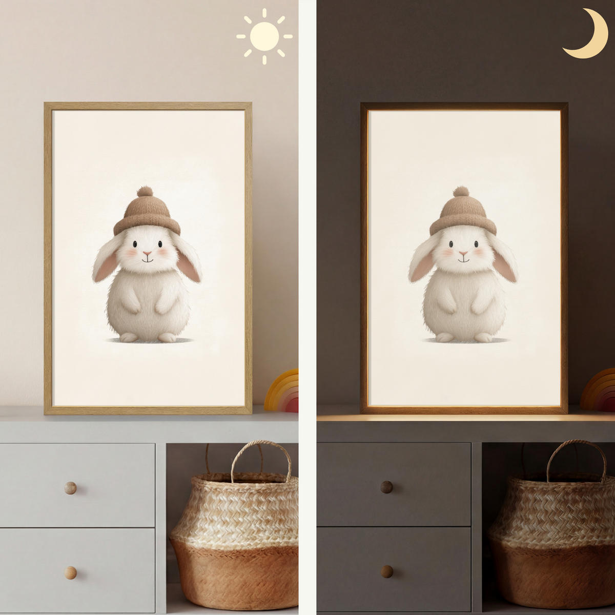 NÁSTĚNNÁ LAMPA S AKUMULÁTOREM Králík - Klobouk - Uši - béžový 40x60 cm - krémová, kompozitní dřevo (40/60/8cm) - OnlyWow