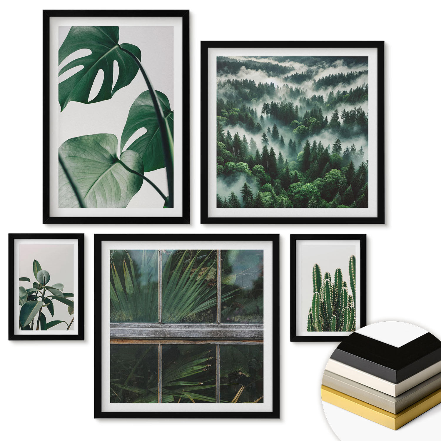 WANDBILDER 5er-Set - 50x50 cm & 20x30 cm & 40x60 cm Schwarzer Rahmen - Ästhetik tropischer Pflanzen - Schwarz, Kunststoff (40/60cm) - ArtPrintCave